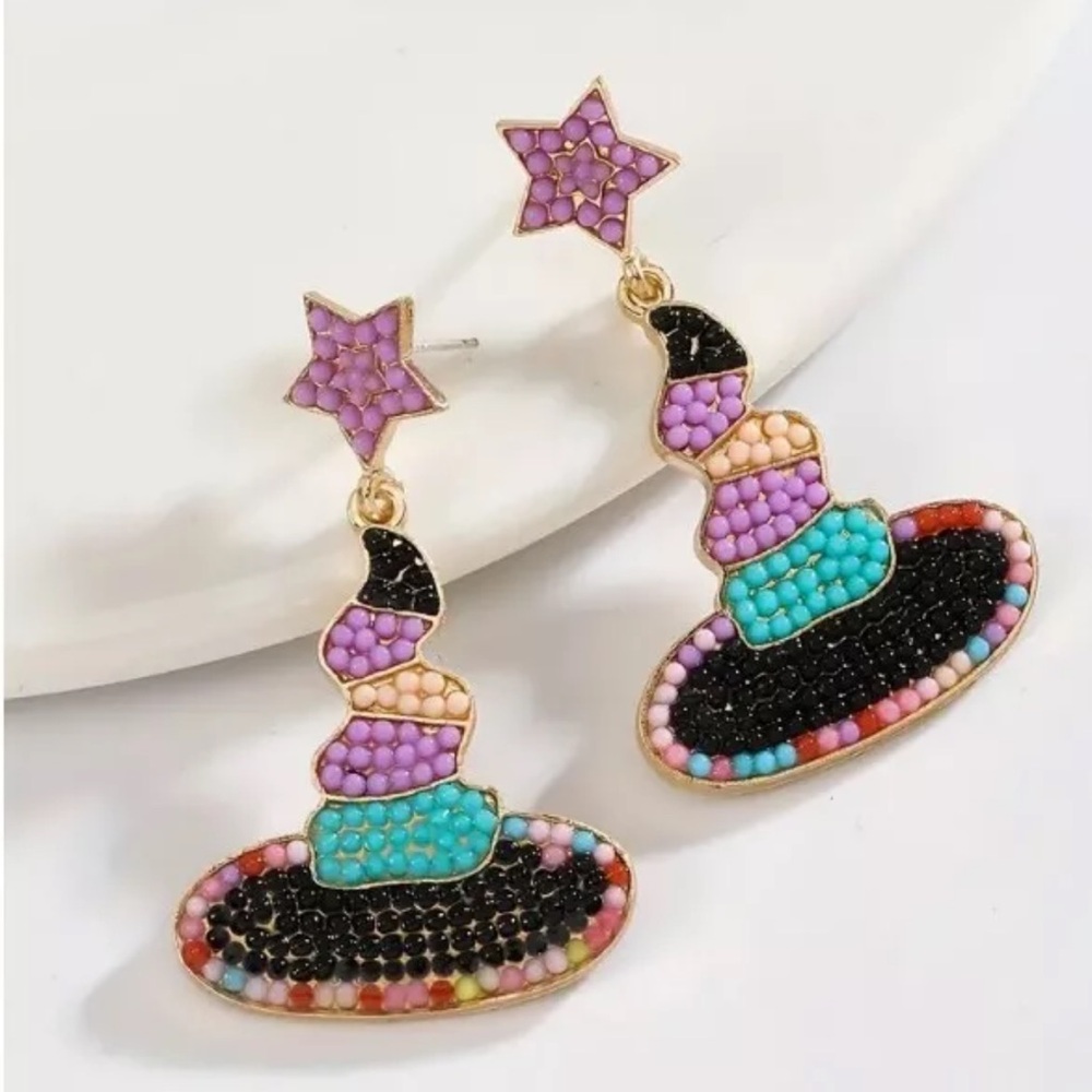 Halloween Witches Hat Seed Bead Earrings- Drop/Dangle- Cute!